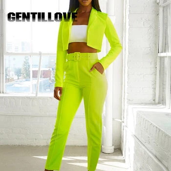 

Women Casual Solid Two Pieces Sets Pant Suits with Sashes 2019 Summer Autumn Blazers Coats and Pants Female Pant Suits Clothes