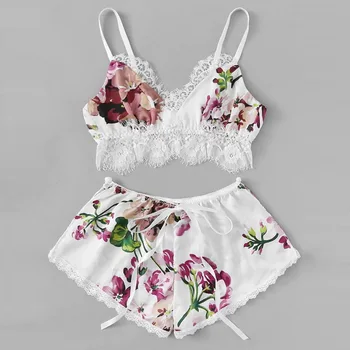 

2020 New Lounge Sleep Pajama Set Sexy Satin Sleepwear Women Summer Pyjama Femme Fashion Flower Pajamas for Women Lingerie