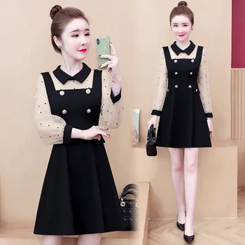 

2020 Currently Available Autumn New Style Sexy Gauze Joint Western Style Fashion Fold-down Collar Waist Hugging Base Dress