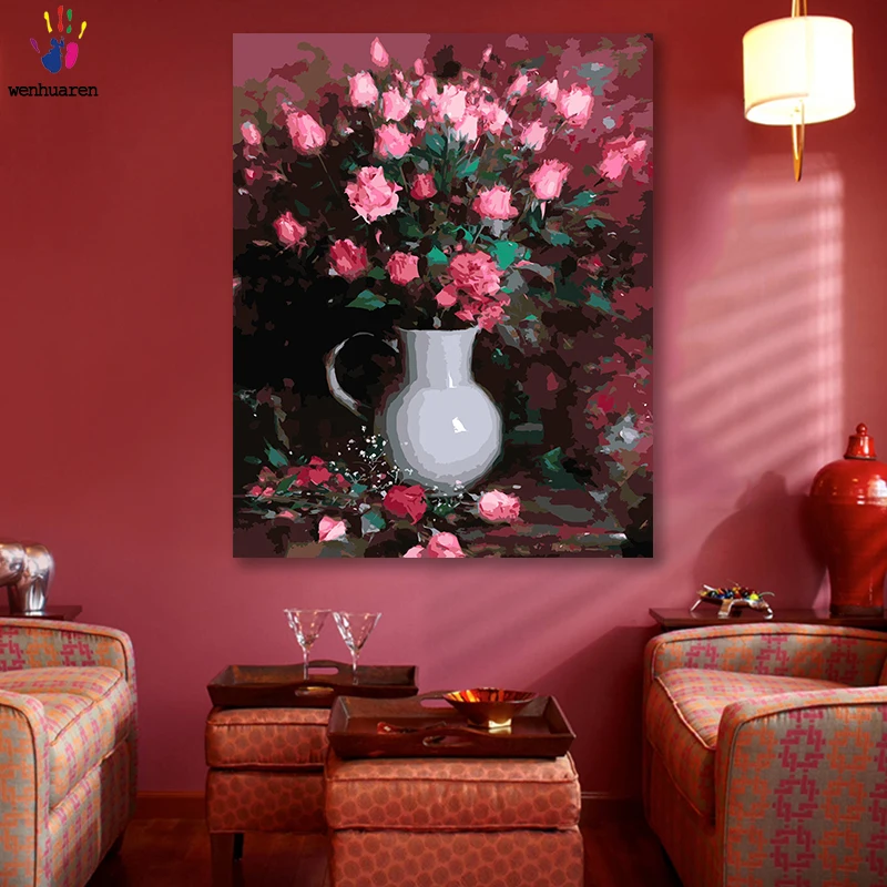 

DIY colorings pictures by numbers with colors Vintage pink rose still life picture drawing painting by numbers framed Home
