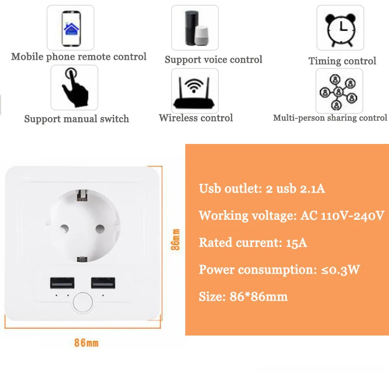 Wi-Fi умная розетка евро европейская вилка 5 в 2.1A 2USB зарядное устройство розетка переключатель розетка Экономия энергии работает с Google Home Alexa