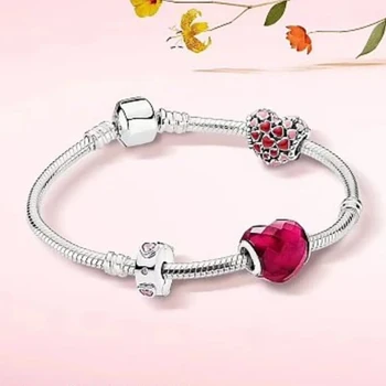 

NEW 100% 925 Sterling Silver Red Heart Love 3 Charm Bead Bracelet Set Planet of Charm Astronaut Night Blue Love Heart Charm