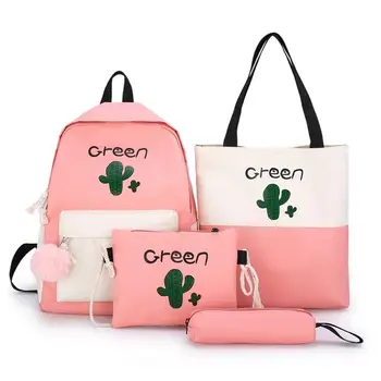 

4Pcs Canvas School Backpack Set for Teenage Girls Cactus Printing Shoulder Bag+Women Backpack+Pencil Case+Purse Travel Satchel