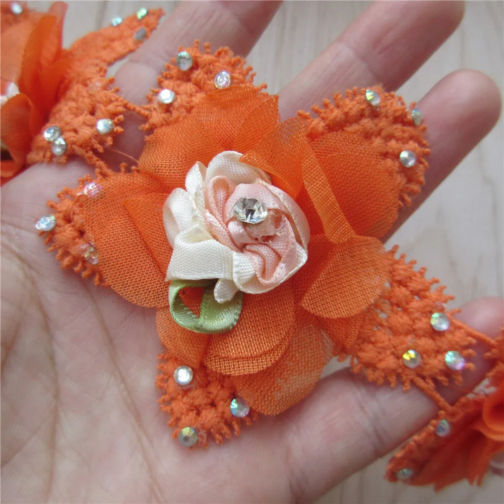 10x Orange Flower Rhinestone Chiffon Milk Silk Embroidered Lace Trim
