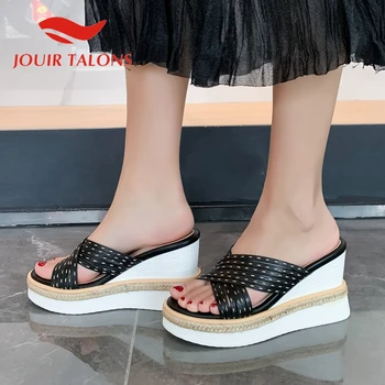 

JOUIR TALONS 2020 New Fashion Genuine Leather Women Sandals Med Platform High Wedges Pumps Summer Outside Woman Slides
