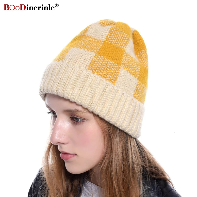 BOoDinerinle Winter Hats For Women Warm Two-color Plaid Hat Warm Knit Beanie Cap Casual Winter Women's Hat