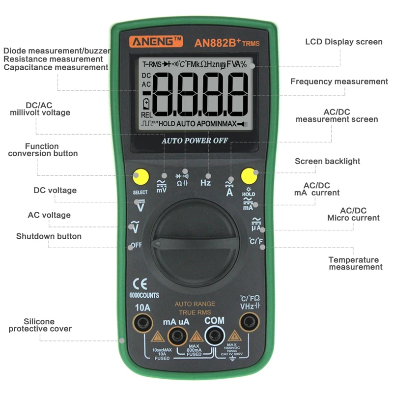 ANENG AN882B+ TURE RMS цифровой мультиметр Авто NCV AC DC авто LCR вольтметр тестер темпратура непрерывности тестер Зеленый