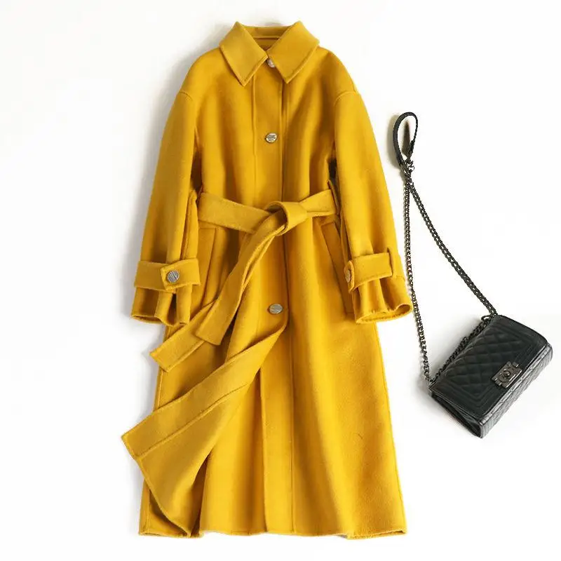 yellow Новинка, Женская осенне-зимняя модная двухсторонняя кашемировая шерстяная куртка, женское однотонное повседневное длинное шерстяное пальто с поясом, верхняя одежда T150 - Цвет: yellow