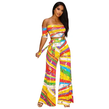

Print Color Off Shoulder 2 Pieces Set Sexy Outfits Women Short Sleeve Bodysuit And Pants Sets Crop Top Drawstring Wide Leg Pants