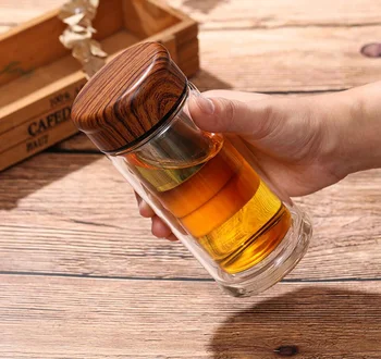 

Wood Grain Double Glass Water Bottle With Tea Infuser Leakproof High Borosilicate Glass Smart Bottles 220ML