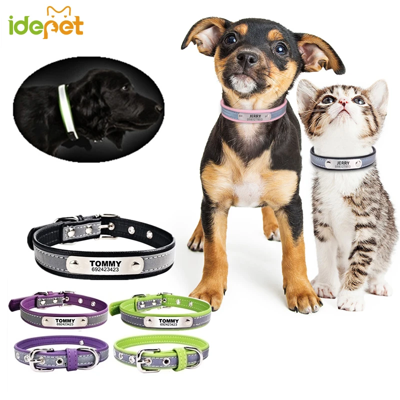 Collier De Chat En Cuir Reflechissant Personnalise Identification Graver Le Nom Et Le Numero De Telephone Gravure Gratuite Pour Chiot Chihuahua 15
