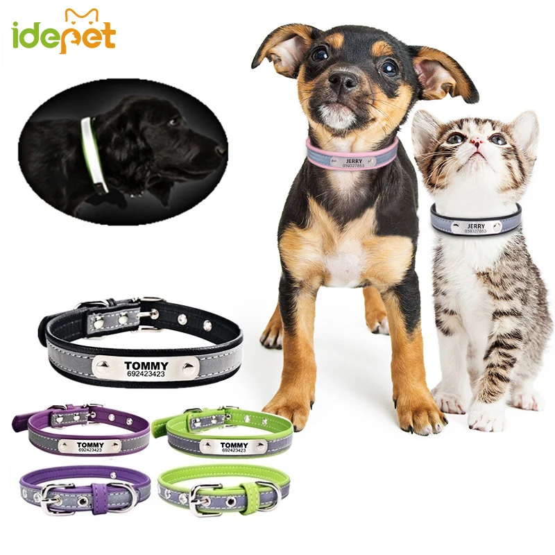 Reflective Leather Customized Cat Collar Personalized ID Collar Engrave Name Phone Number Free Engraving For Puppy Chihuahua 15
