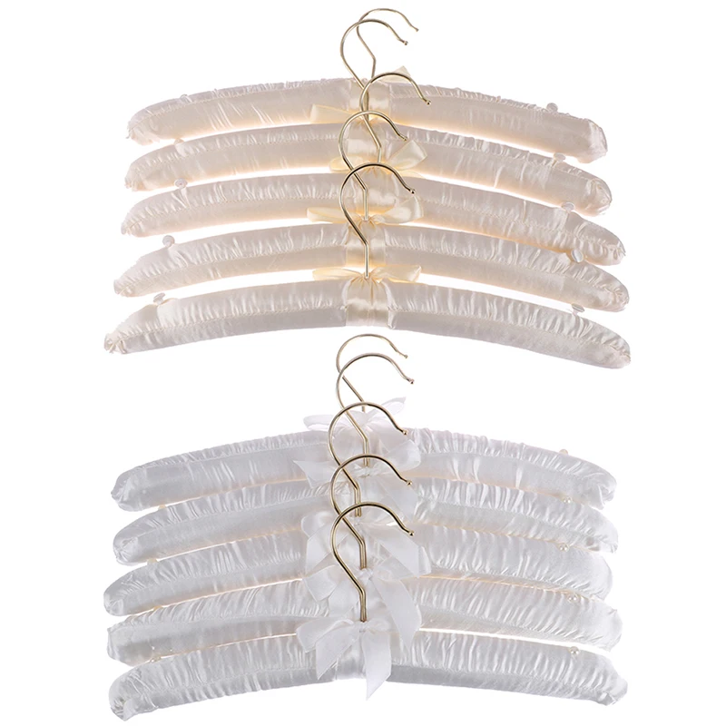 5Pcs 38cm Beige/ White Satin Padded Top Hangers Clothes Coat Grade Hanger Gold Hook Central Ribbon Trim | Дом и сад