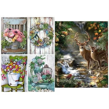 

5 Set Diamond Painting, Diamond Art Kit Cross Stitch Arts Craft Canvas, 1 Set Watching Deer & 4 Set Potted Plants