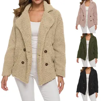 

Autumn Winter Women Wide Lapel Double Breasted loose fleece warm Fluffy Jacket Coat Outwear Windproof Streetwear Gift For Female