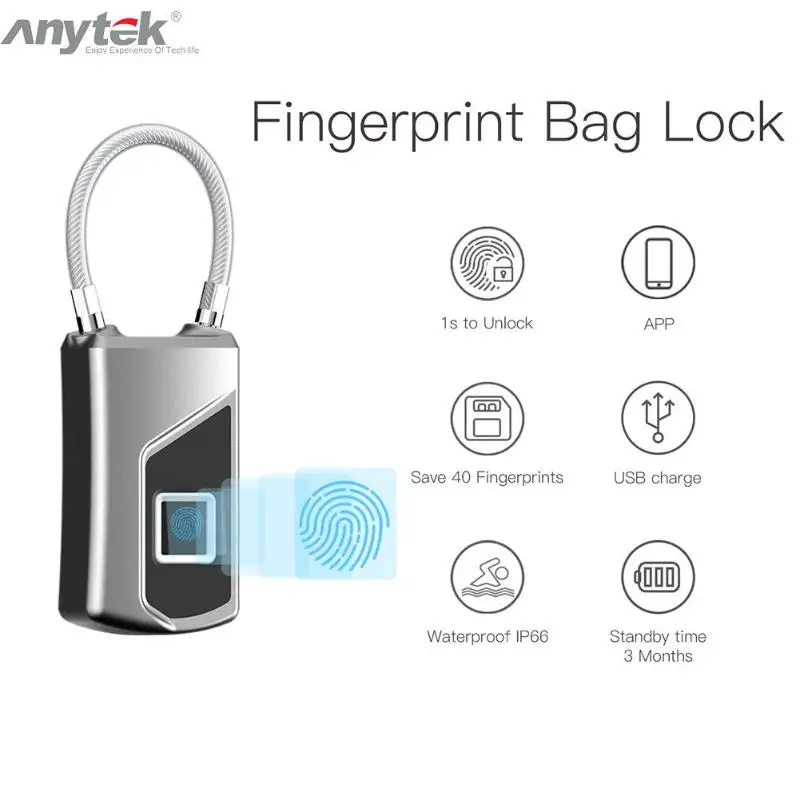Anytek Fingerprint Lock Anti Theft Smart Keyless Padlock Door Box Bag Waterproof