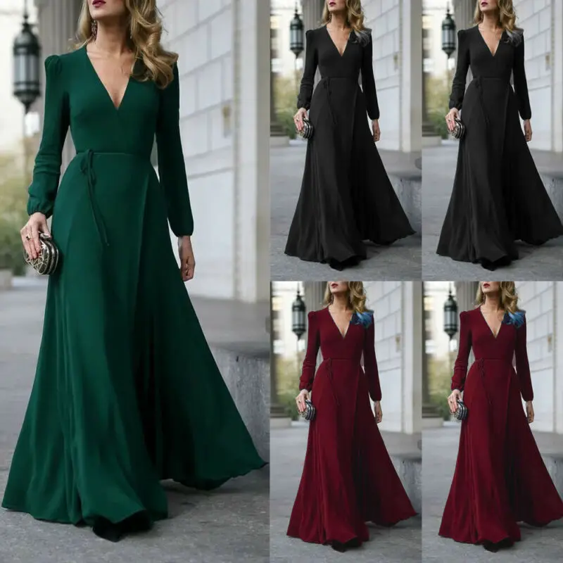 

Fashion Women Deep V Neck High Slit Maxi Long Dress Long Sleeve Prom Gown Evening Party Boho Clubwear Ruffle Bikini Cover Up