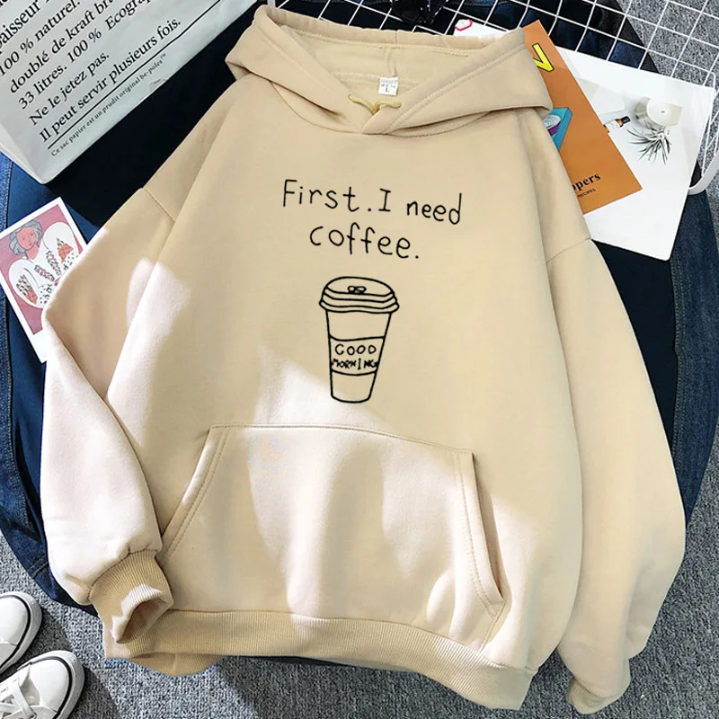 Sudaderas con capucha Harajuku para mujer, suéter con letras I Need Coffee, Jersey de manga larga con cuello de tortuga y forro polar para niña