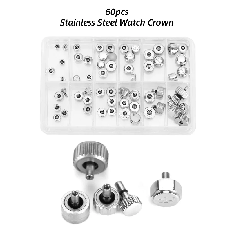 60pcs/set Stainless Steel Watch Crown Watch Flat Head Watch Parts
