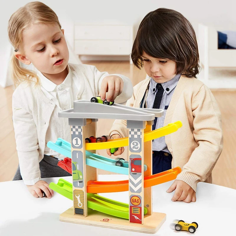 Baby Car Toy For 3-6 Years Old, 4 Mini Car Wooden Track Ramp Racing Game, Suitable For Boys And Girls