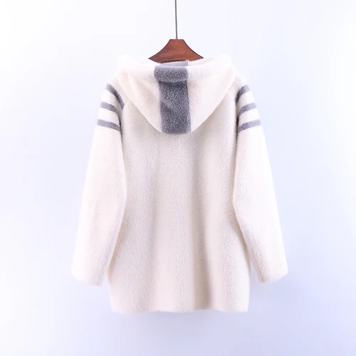 Creamy-white Норковые кашемировые кардиганы, верхняя одежда, новые осенние зимние свободные свитера средней длины с капюшоном, вязаные женские пальто с длинным рукавом - Цвет: Creamy-white