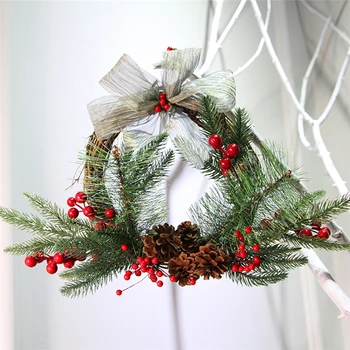 

Christmas Rattan Wreath Hanging Ornament Cone Foam Red Fruit PE Leaf Decoration Wreath Xmas Festival Pendant for Front Door Wall