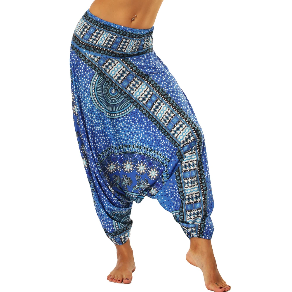 

Womens Bohemian Yoga Pants Hippy Harem Smocked Waist Trousers Flowy Beach Pants