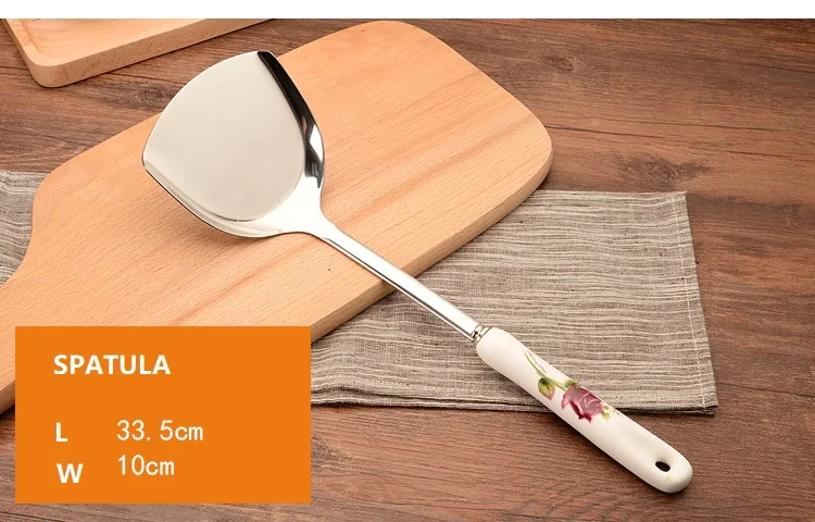 Cooking Tool Set 6pcs Ceramic Handles Stainless steel Kitchen Utensils set of cookers Stir-fry Shovels Spoons Strainer Spatula