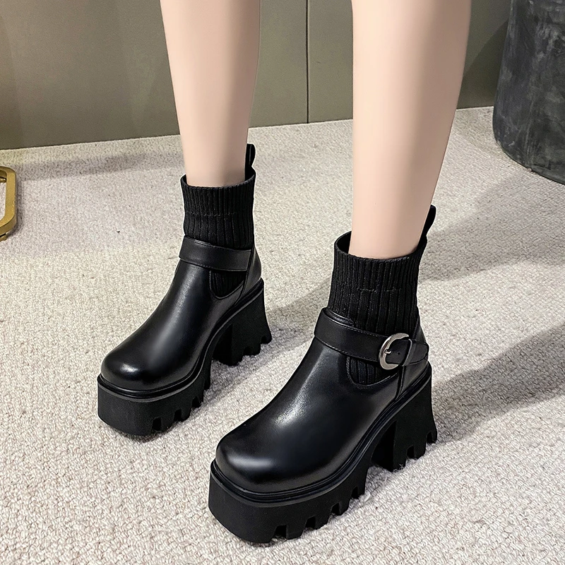 2022 Hot Sale PU Leather Shoes Women Stretch Boots Round Toe Solid Colors Buckle Super High Heels Ankle Boots Lady