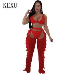 Kexu/Модный комплект из 3 предметов с жемчужинами и оборками, женские комбинезоны, сексуальные комбинезоны с v-образным вырезом, без рукавов