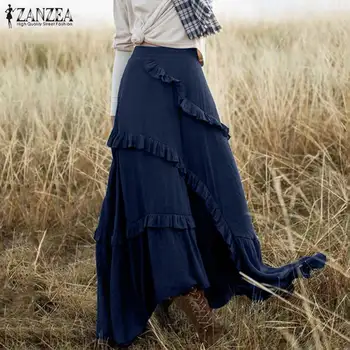

Plus Size ZANZEA Summer Fashion Solid Split Skirts Women Casual High Waist Bohemian Ruffles Skirts Female Jupe Vestidos Skirt
