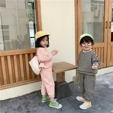 Зима, хлопковый флисовый набор одежды в полоску для мальчиков и девочек от 1 до 6 лет, детский теплый свитер и штаны комплекты из 2 предметов