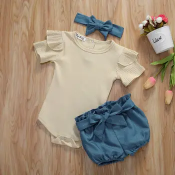 

2020 Infant Baby Girl Clothes Summer New Kids Sunsuit Ruffle Top Romper Bow Pants Headband 3pcs Set For Infant Baby