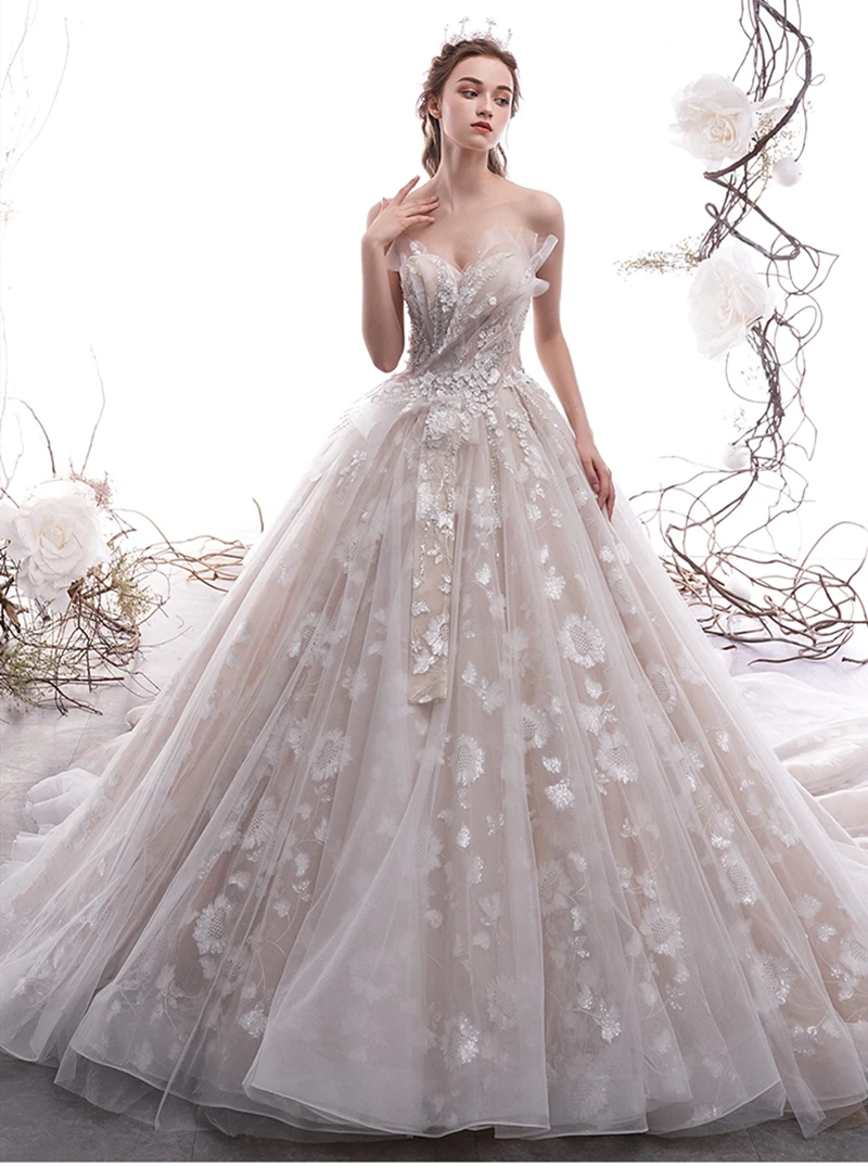 SoAyle Vestido de Noiva Хепберн Роскошные бисером свадебное платье без бретелек Свадебное платье без рукавов кружевные аппликационные свадебные платья
