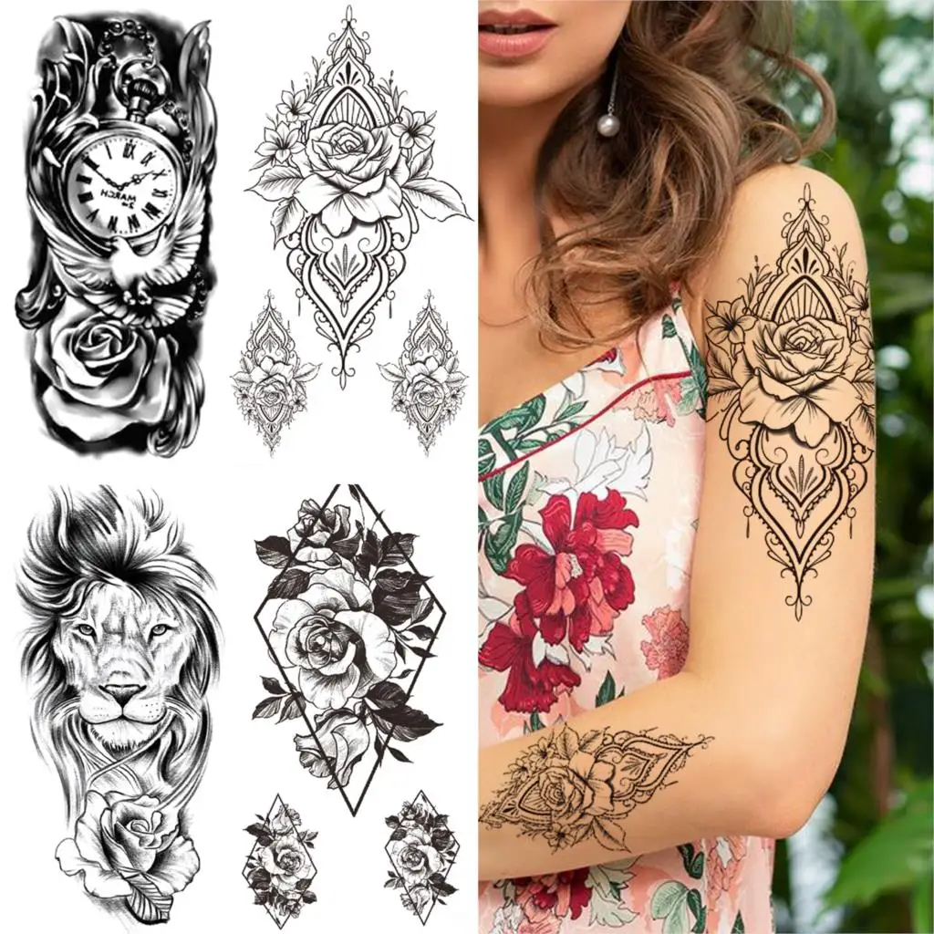 

Henna Rose Flower Temporary Tattoos For Women Men Adult Black Compass Lion Fake Tattoo Sticker Realistic Thigh Arm Chest Tatoos