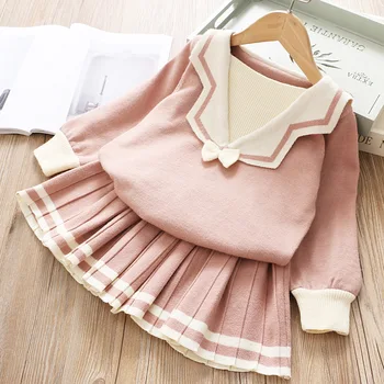 

2020 Fall Clothes Set Baby Girls Clothing Navy Wind Knitted Pleated Sweet Little Girl Princess Dress Winter Baby Girl Clothing S