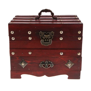 

Vintage Wooden Jewelry Box With Lock Storage Rings Trinket Case Organizer