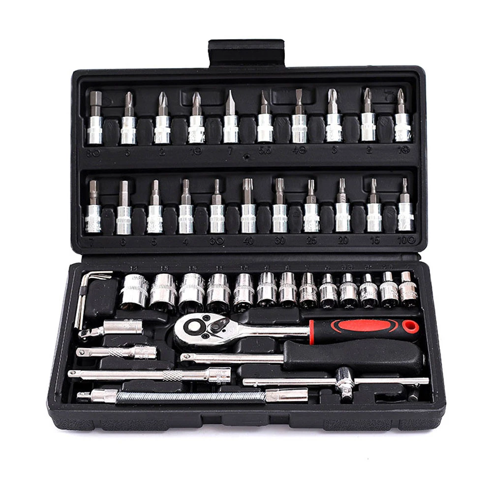 Jeu de 46 clés à cliquet en acier allié de 1/4 pouces, jeu de clés à douille, Kit d'outils de réparation et d'entretien Automobile domestique