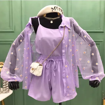 

SHENGPALAE 2020 Summer New Arrivals Cardigan Sunscreen Shirt Elastic Shorts Camisole Three Piece Set Women Outfits Casual MJ320