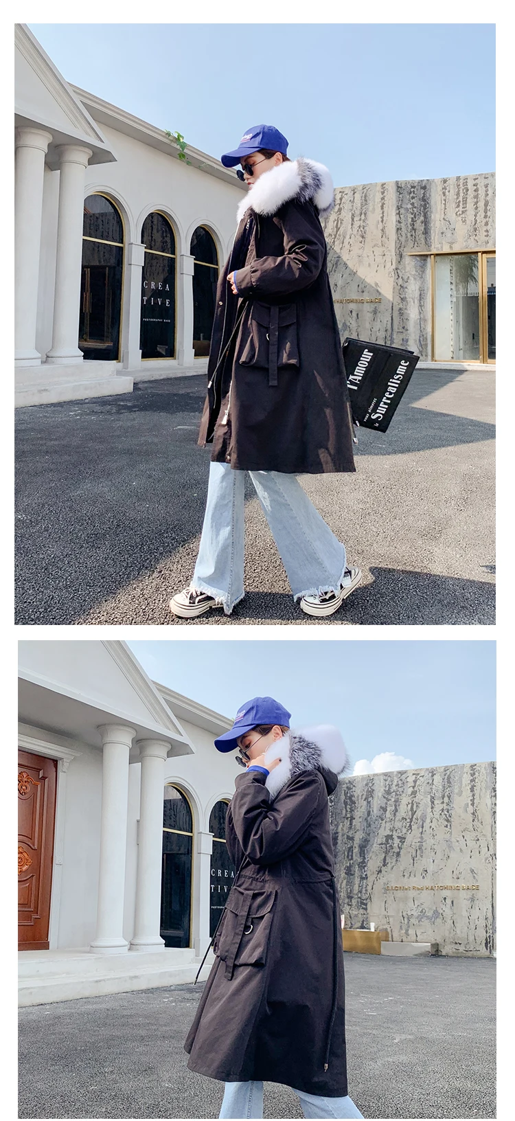 Меховые парки Highstreet с воротником из натурального Лисьего меха, с капюшоном, с подкладкой из кроличьего меха, длинное пальто для женщин, зимняя повседневная одежда размера плюс, толстая верхняя одежда трапециевидной формы