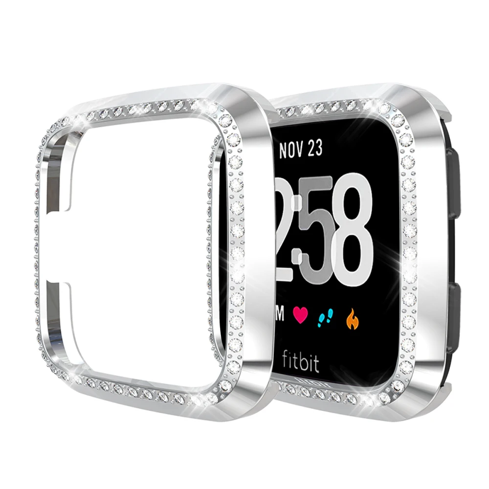 Чехол для Fitbit Versa/Versa Lite Watch Bumper Shell Алмазная Рамка Жесткий PC защитный чехол ремешок для часов аксессуары для ремешка - Цвет: SILVER