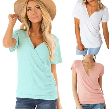 

Women V-neck Slim Slimming Solid Color Stretch Short-sleeved T-shirt 2019 Summer New Button T-shirt