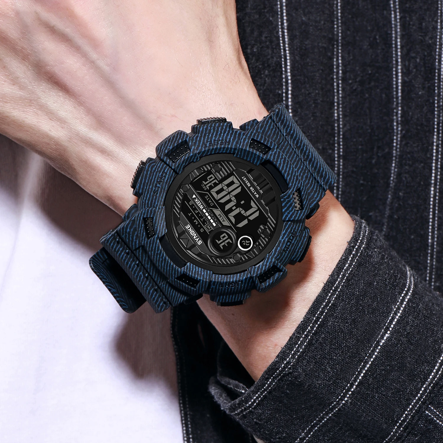 

SYNOKE Men Sports Watches Fashion Luxury LED Digital Military Sport Men's Waterproof Denim Blue Wrist Watch Clock erkek saat