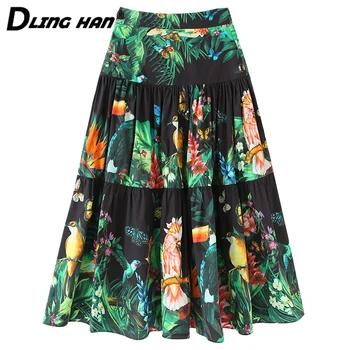 

DLINGHAN Fashion jungle Print All-match Cotton Long skirt Women's Vintage High waist Big swing skirt Designer Female New