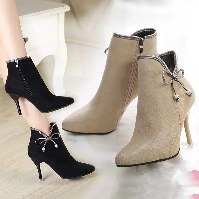 

2017 Autumn & Winter Korean-style New Style WOMEN'S Shoes Thin Heeled Pointed-Toe Nubuck Leather Bow Versatile Comfortable Women