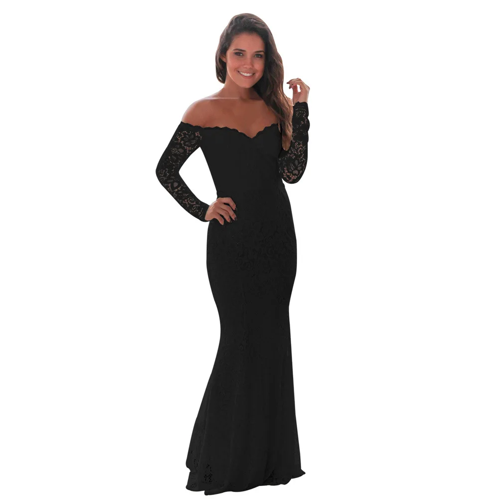 

Shi ying Europe And America Maxi Formal Dress Delicacy Lace off-Shoulder Long Sleeve Fishtail Pendulum Slim Dress 61847