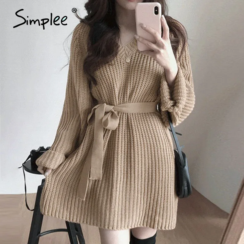Simplee Casual v-ncck women knitted dress Autumn winter long sleeve lace up mini dress Solid color straight female sweater dress Simplee Casual v-ncck women knitted dress Autumn winter long sleeve lace up mini dress Solid color straight female sweater dress