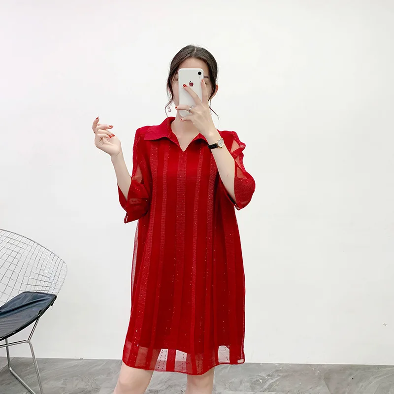 winered LANMREM новая плиссированная Весенняя и летняя модная женская одежда с отложным воротником с рукавами летучая мышь пуловер платье WJ93003 - Цвет: winered
