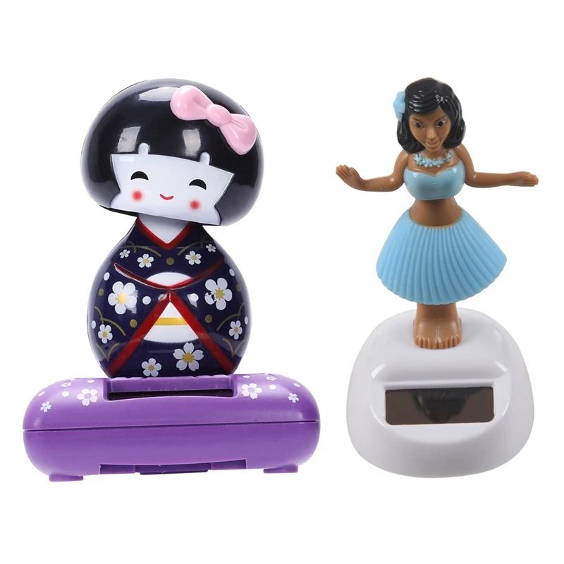 2 Pcs Solar Car Home Decor: 1 Pcs Powered Dancing Hula Girl with Blue Skirt& 1 Pcs Purple Kimono Cute Geisha Japanese Girl