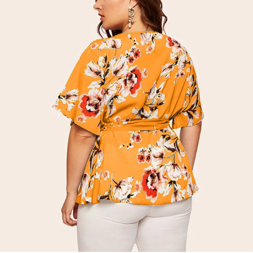 5xl Plus Size Floral V-neck Shirt Women's Casual Short Sleeve Tunic Printing Waist Belt Blouses Tops Women Clothing Blusas Mujer shirts & tops